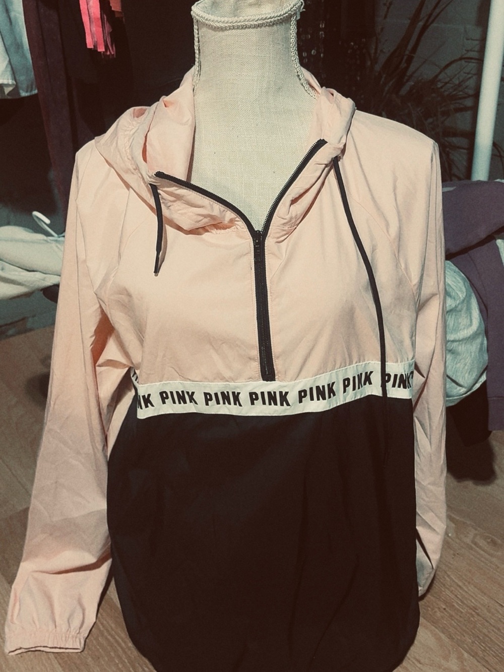 PINK Victoria's Secret Light Pink and Black Half-Zip Hoodie